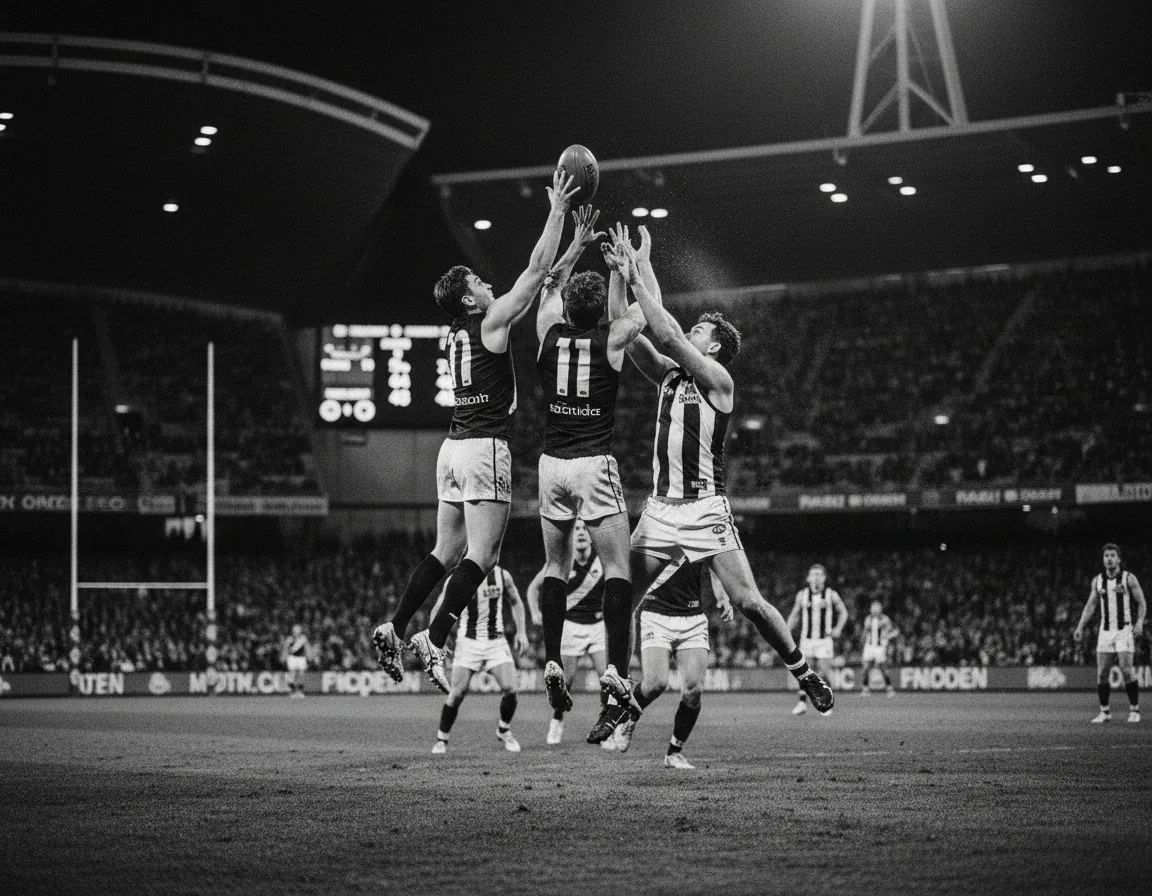 AFL players contesting a mark under stadium lights